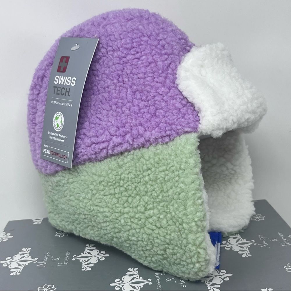 Swiss Tech Pastel Green Purple Fleece Trapper Hat NWT